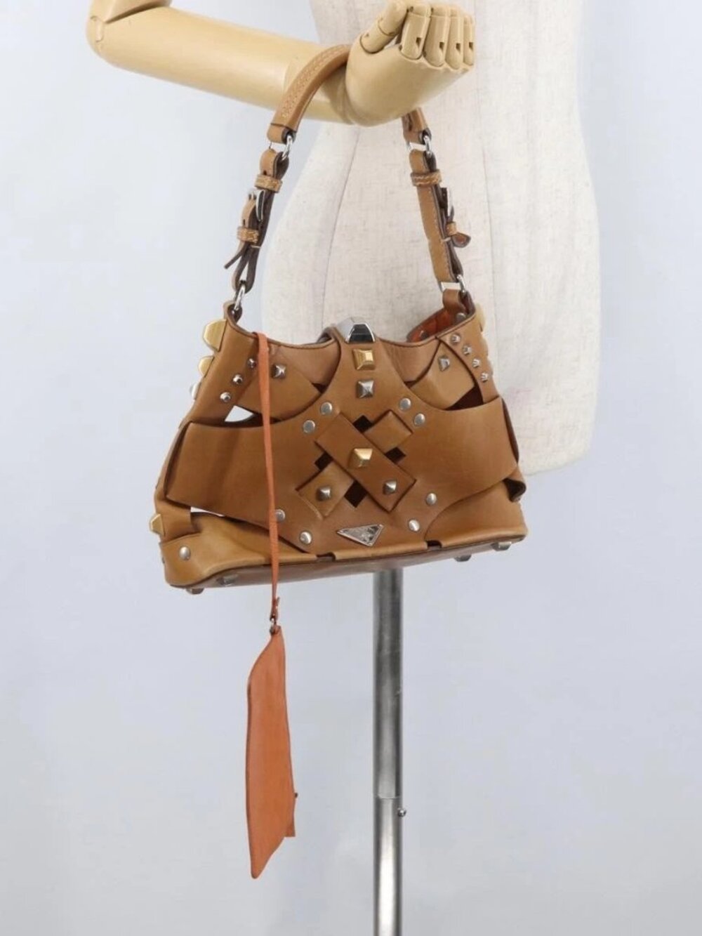 PRADA Studs Shoulder Bag Leather plastic Brown Silver